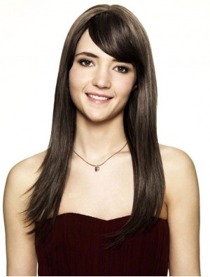 Brown Human Hair Wig Shoulder Length Straight Style With Bangs