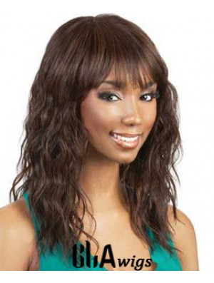 Shoulder Length Auburn Wavy With Bangs Soft African American Wigs