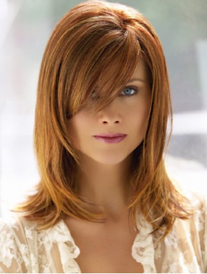 Shoulder Length With Bangs 14 inch Straight Auburn Medium Wigs