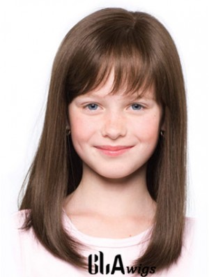 Straight Shoulder Length Brown Synthetic 100% Hand-tied Kids Wigs